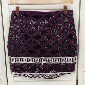 Express Geometric Diamond Print Sequin Bodycon Mini Skirt Purple Black XS